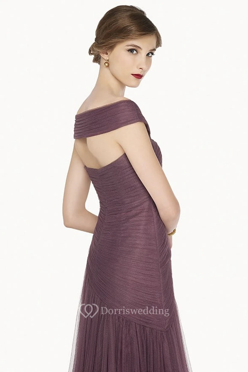Unique Off Shoulder A-Line Tulle Long Prom Dress With Criss Cross Top And Crystal view 2