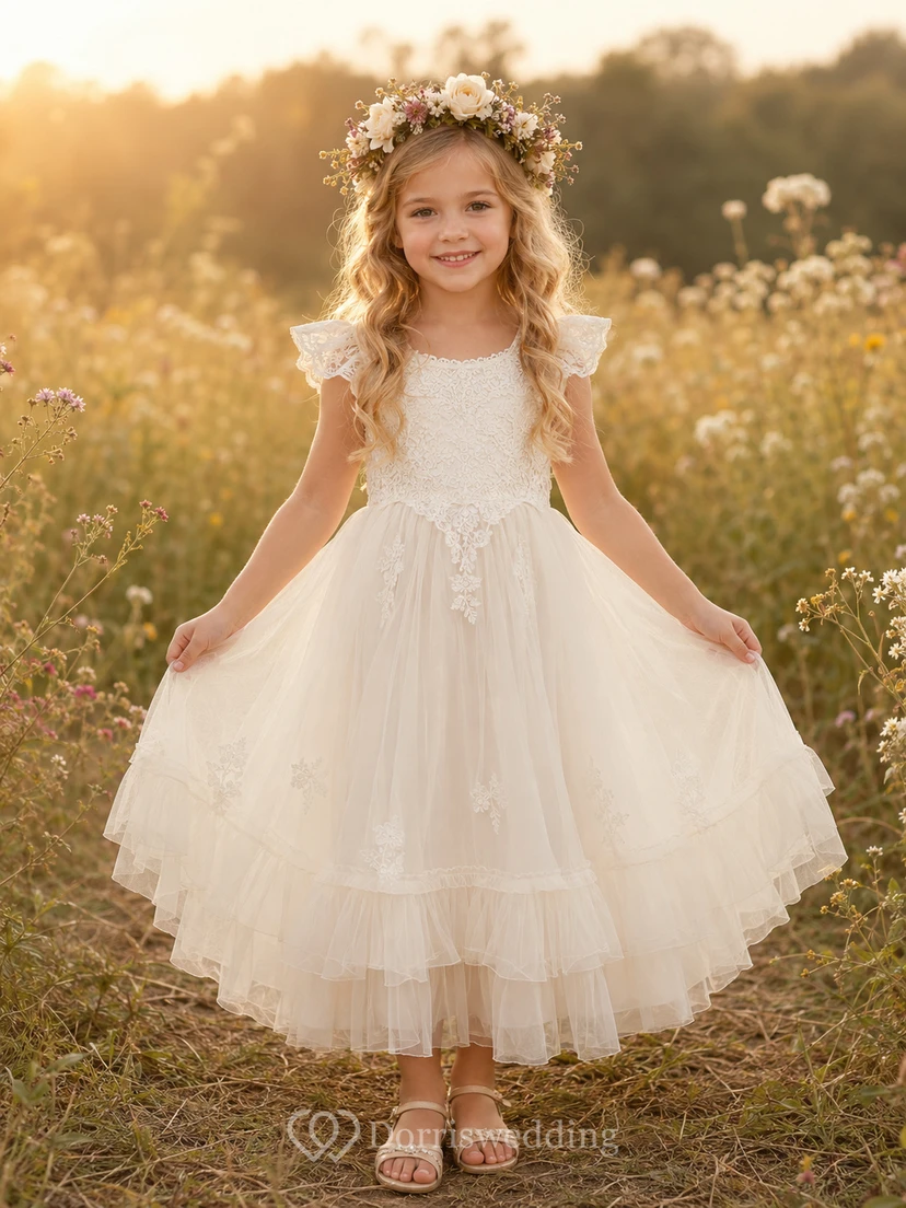 Flower Girl Dress Ivory Lace Tulle A-Line Short Sleeve Scoop Neck Tea Length