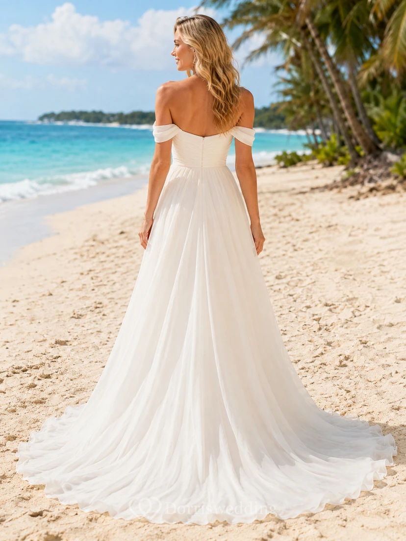 Vestido de novia de gasa para playa, corte en A, hombros descubiertos, largo hasta el suelo con abertura en la espalda en V. view 2