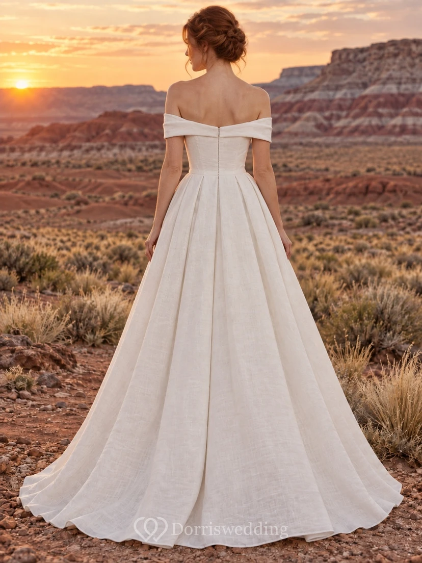 Vestido de novia sencillo de manga corta con hombros descubiertos, confeccionado en lino plisado y corte en A, largo hasta el suelo. view 2