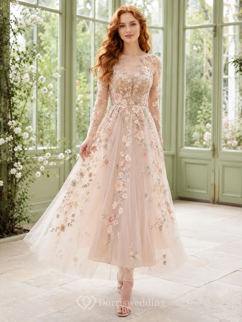 Blushing Pink Long Illusion Sleeve Floral Applique Tulle A-Line Tea-Length Wedding Dress