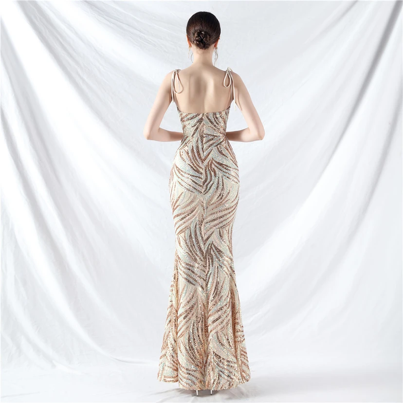 Vestido de noche con tirantes, top tipo tubo y lentejuelas apiladas encriptadas, con método de doble atado de cuerda. view 55