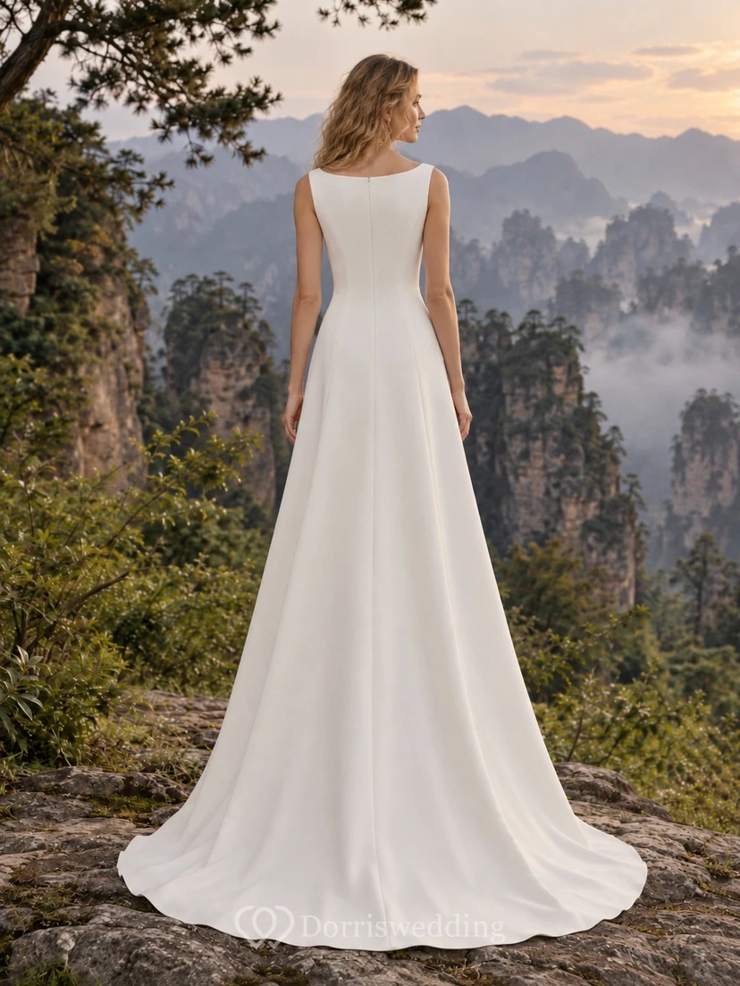Vestido de novia sencillo y modesto, sin mangas, con escote barco y corte en A. view 2