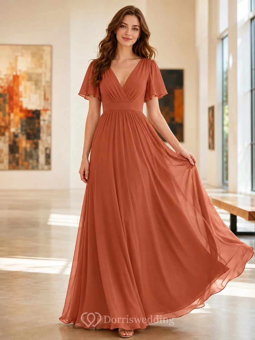 Gallery Formal Papaya Romantic Elegant A-Line Chiffon Bridesmaid Dress with V-Neck Short Sleeve Floor-Length Low Back