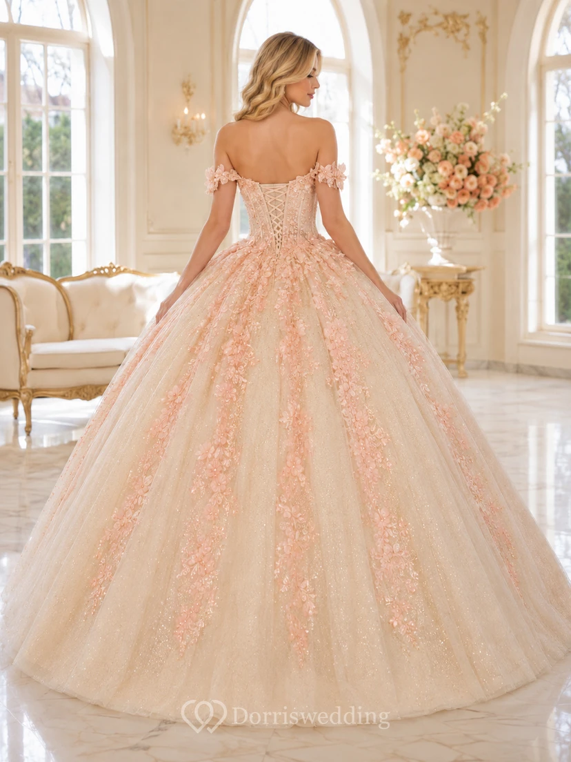 Peach Champagne Luxury Off Shoulder Floral Embroidered Sweet Sixteen Princess Ball Gown view 2