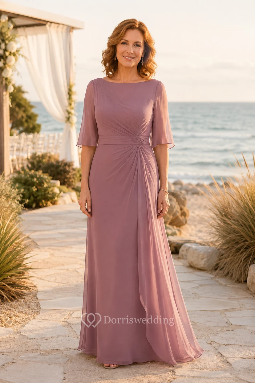 Mutterkleid aus altrosafarbenem Chiffon mit Bateau-A-Linie