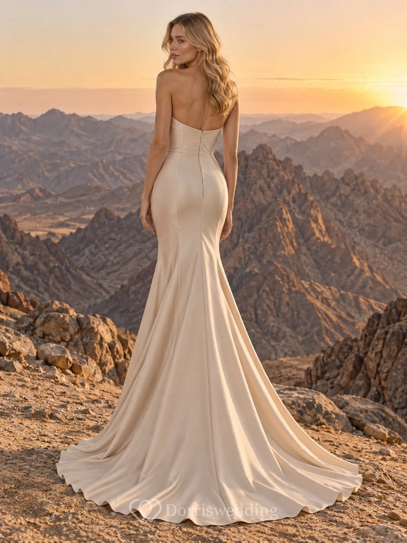 Vestido de novia sencillo estilo sirena color champán, sin tirantes, con escote corazón, corpiño drapeado de satén y cola larga. view 2