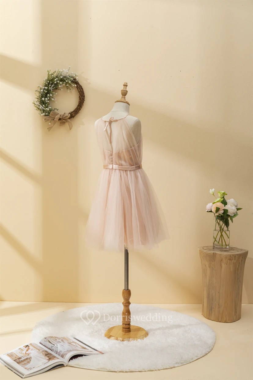 Adorable Coral Tulle Short Pleated Flowergirl Dress view 4