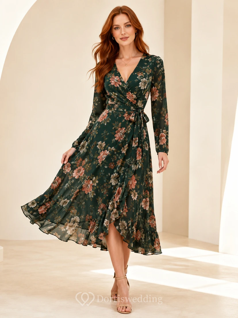 Robe midi portefeuille à manches longues vert foncé à fleurs