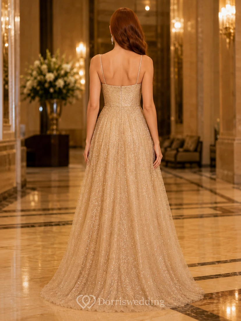 Vestido de corte A de tul brillante con tirantes finos color champán view 2
