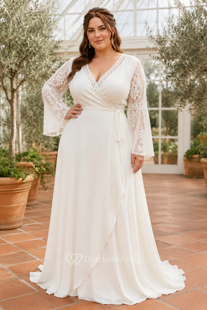 Brautkleid aus Chiffon in A-Linie mit V-Ausschnitt und Glockenärmeln aus Spitze in großen Größen