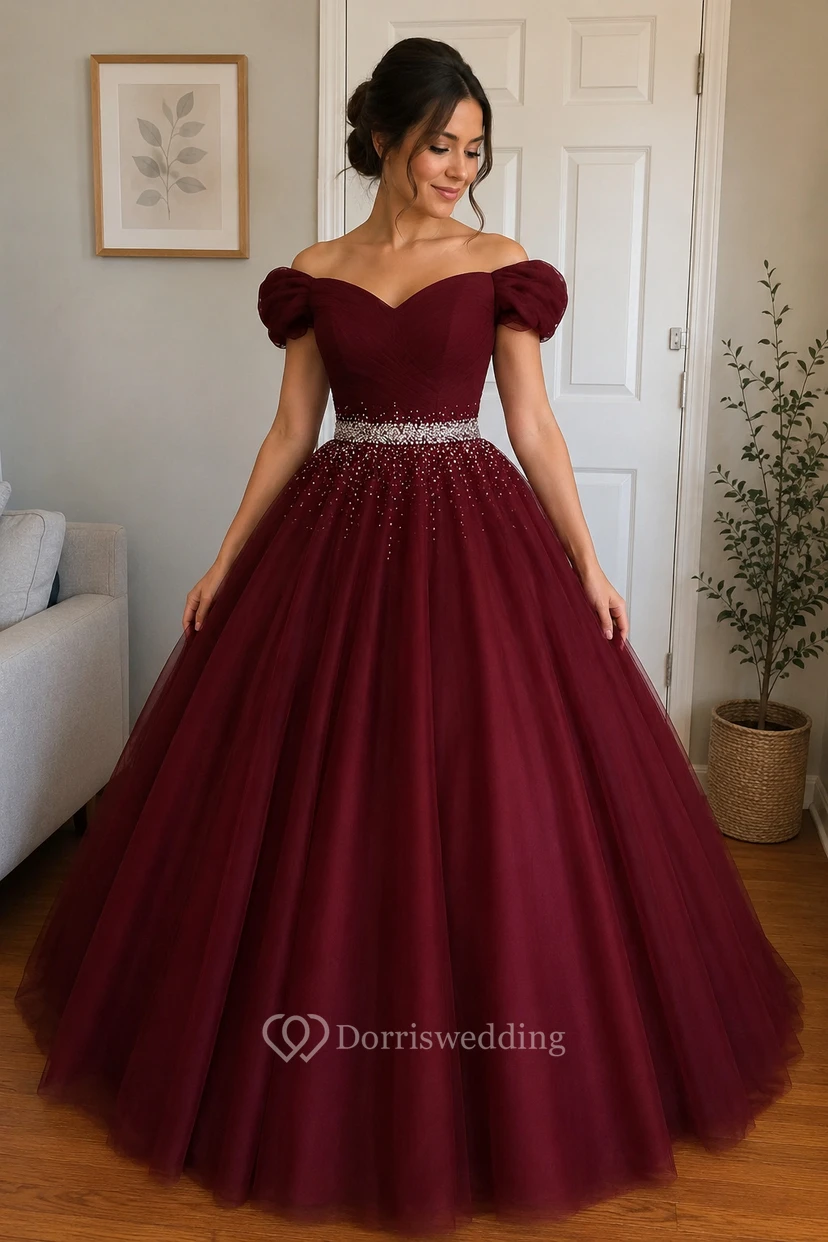 Ball Gown Maxi Off-The-Shoulder Sleeveless Bell Pleats Beading Corset Back Tulle Lace Dress view 9