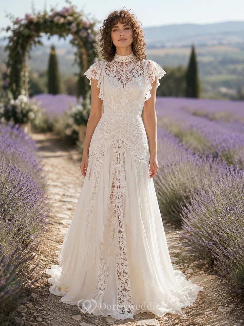 Boho High Neck Cap Sleeve Crochet Sheath Wedding Dress