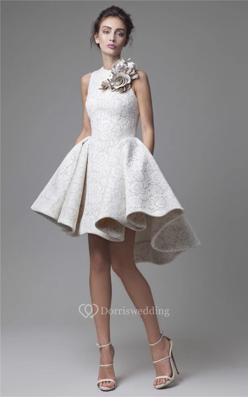 Partykleid mit hohem/tiefem Schmuckausschnitt, A-Linie und Blumenapplikationen