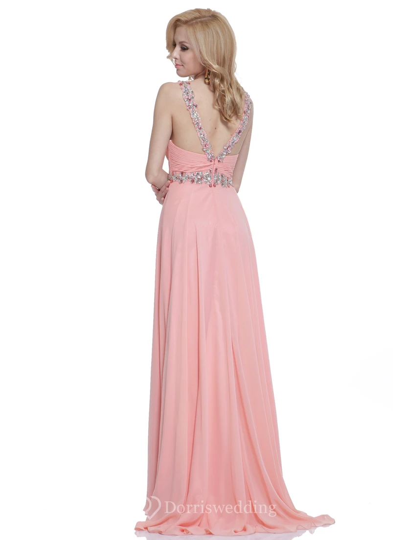 A-Line Long Scoop-Neck Sleeveless Chiffon Straps Dress With Ruching And Beading view 2