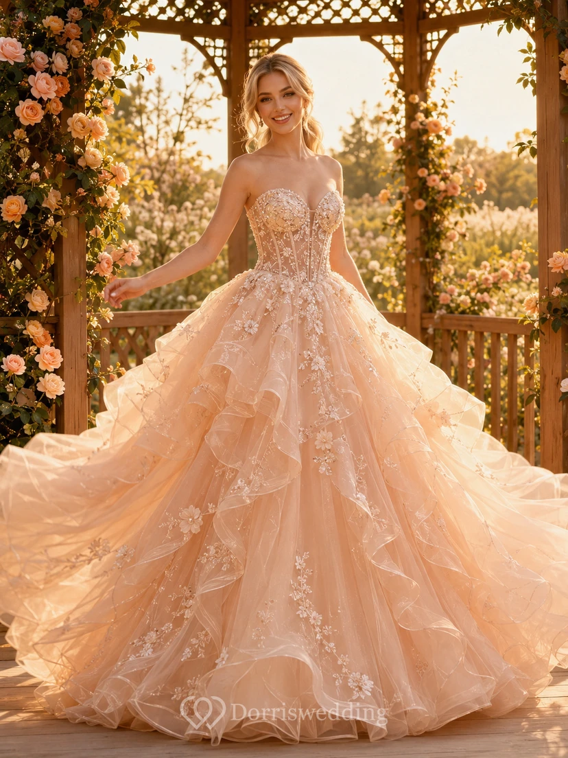 Vestido de quinceañera estilo princesa con cola escalonada, sin tirantes, con volantes en cascada y estampado floral, estilo cenador de jardín color champán.