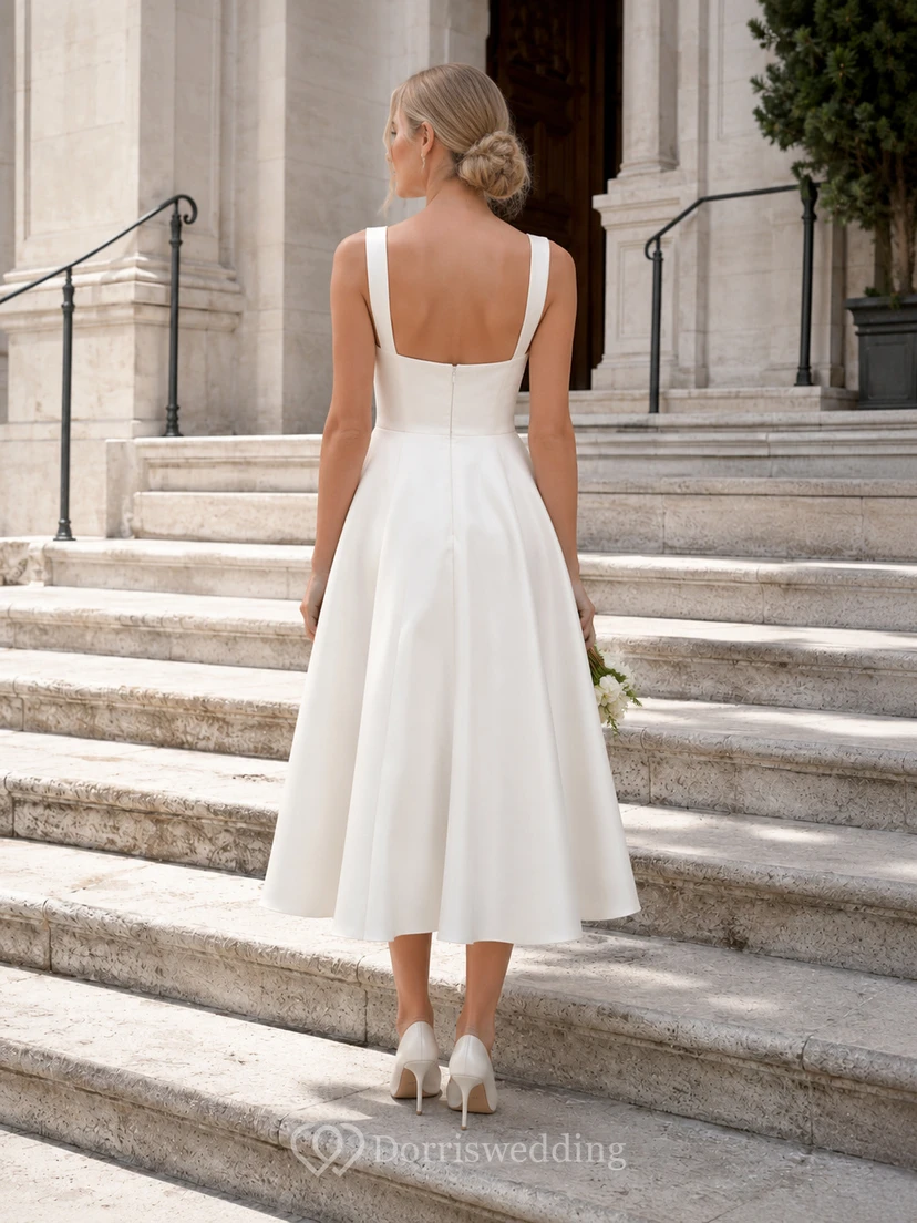 Vestido de novia civil de satén con escote cuadrado y largo hasta la rodilla view 2