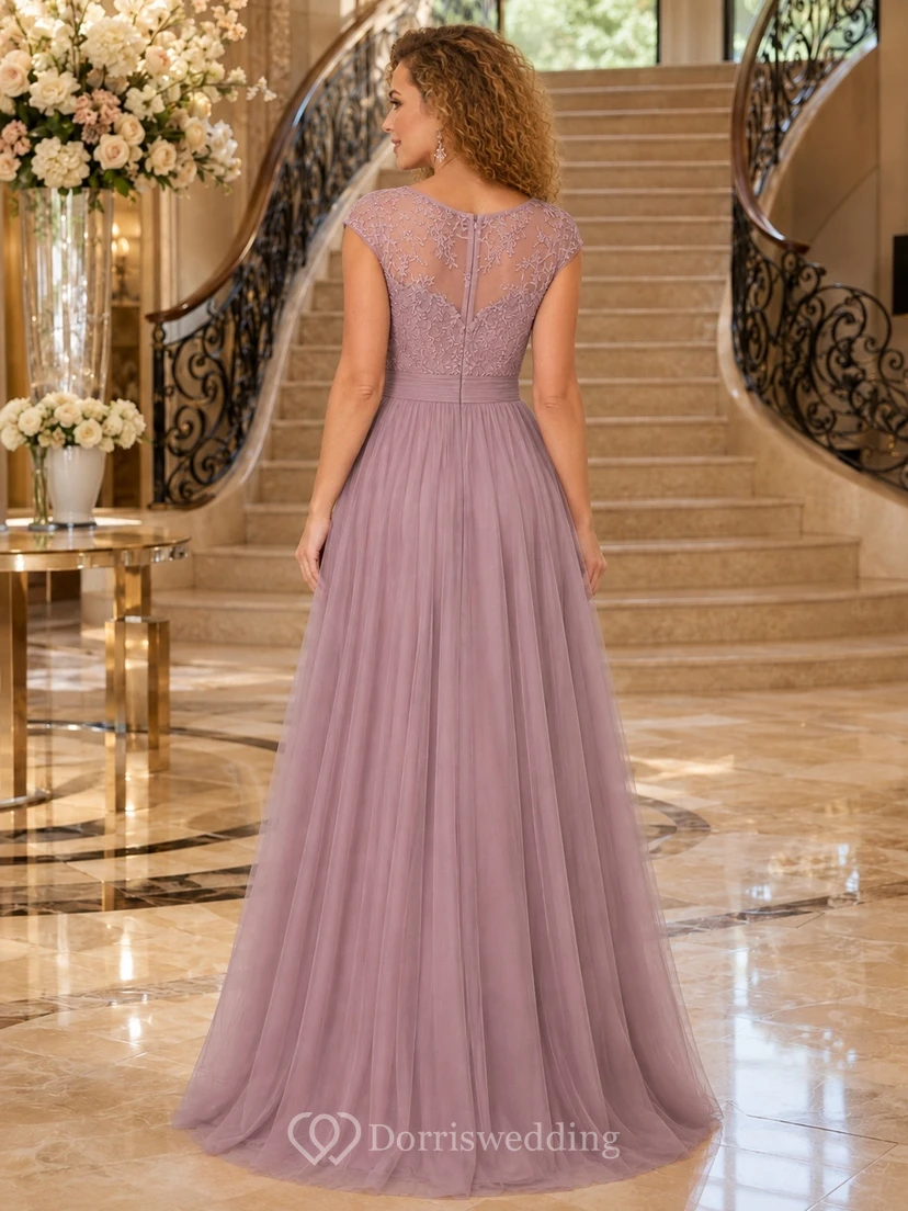 Lavender Chiffon Square Neck Short Sleeve A-Line Floor-length Formal Dress view 2