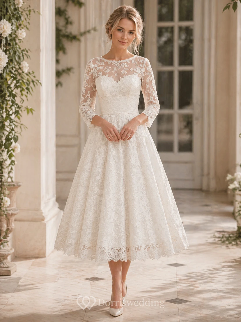 Vestido de novia vintage de largo midi | Vestido de encaje de manga larga para tallas grandes