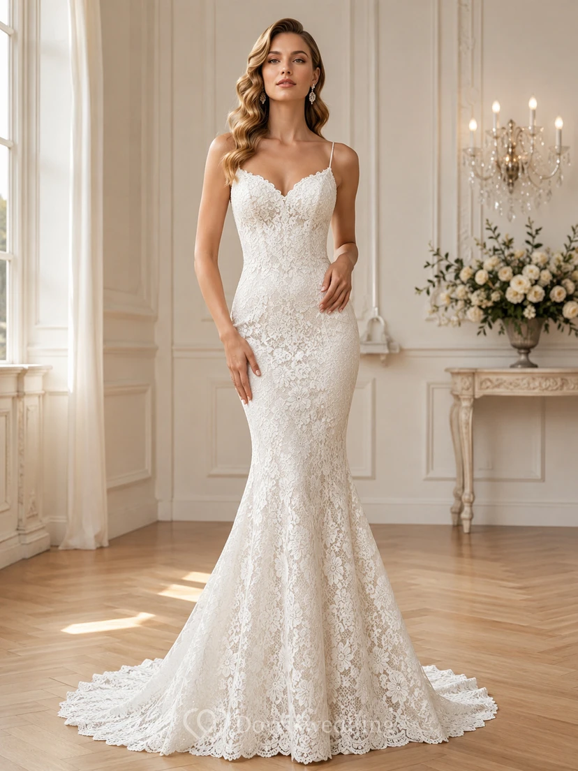 Robe de mariée sirène romantique en dentelle spaghetti à traîne courte pour la cérémonie