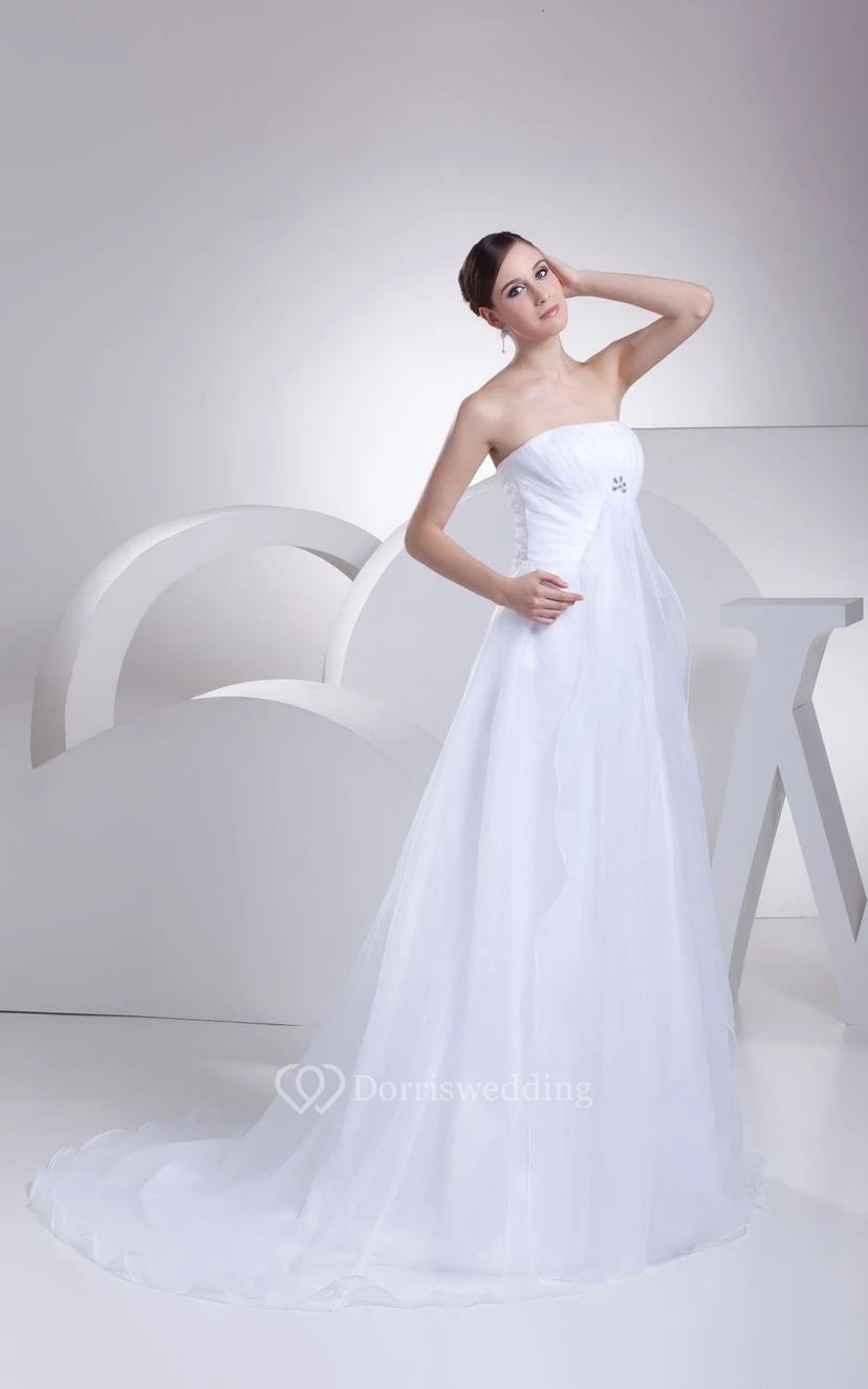 Vestido de hadas sin tirantes de corte A fruncido con superposición de pedrería y tul. view 7
