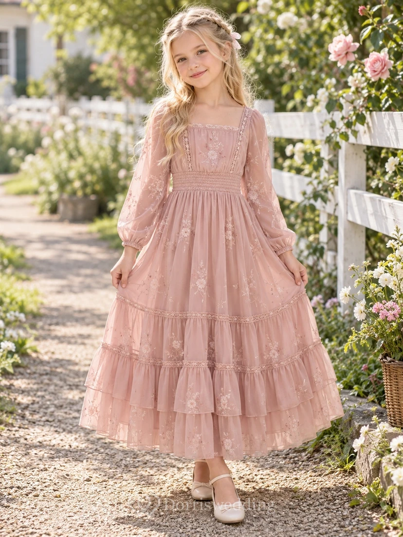 Boho-Kleid für Blumenmädchen, langärmelig, rosa, mit eckigem Ausschnitt, Stufenrock aus Tüll, Blumenmädchenkleid