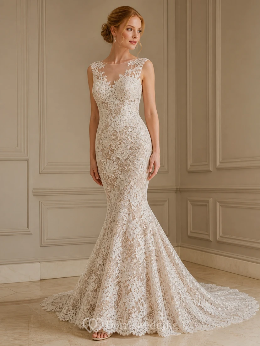 Vestido de novia de encaje con escote en V profundo y cola de capilla, estilo sirena sexy.