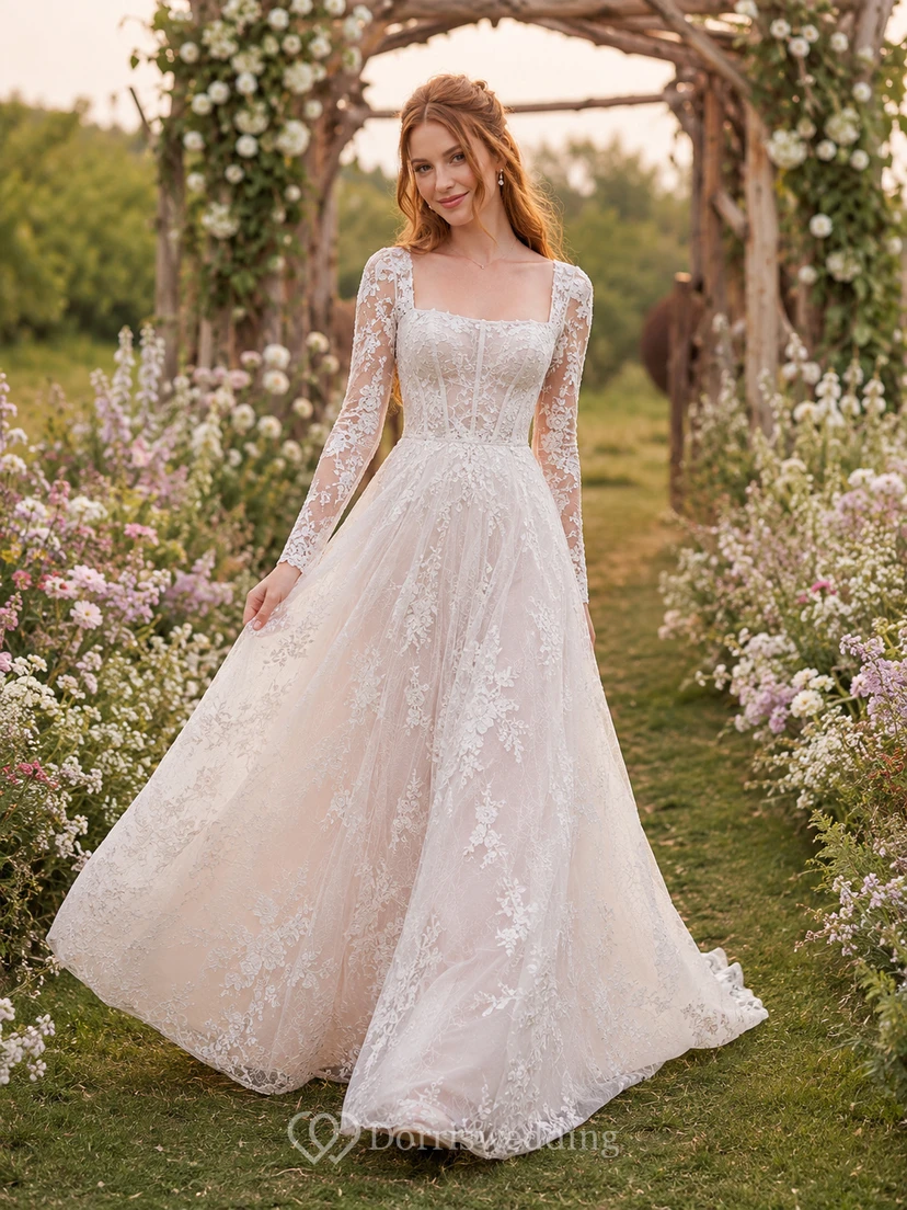 Square Neck Long Sleeve Floral Lace Garden Bridal Gown