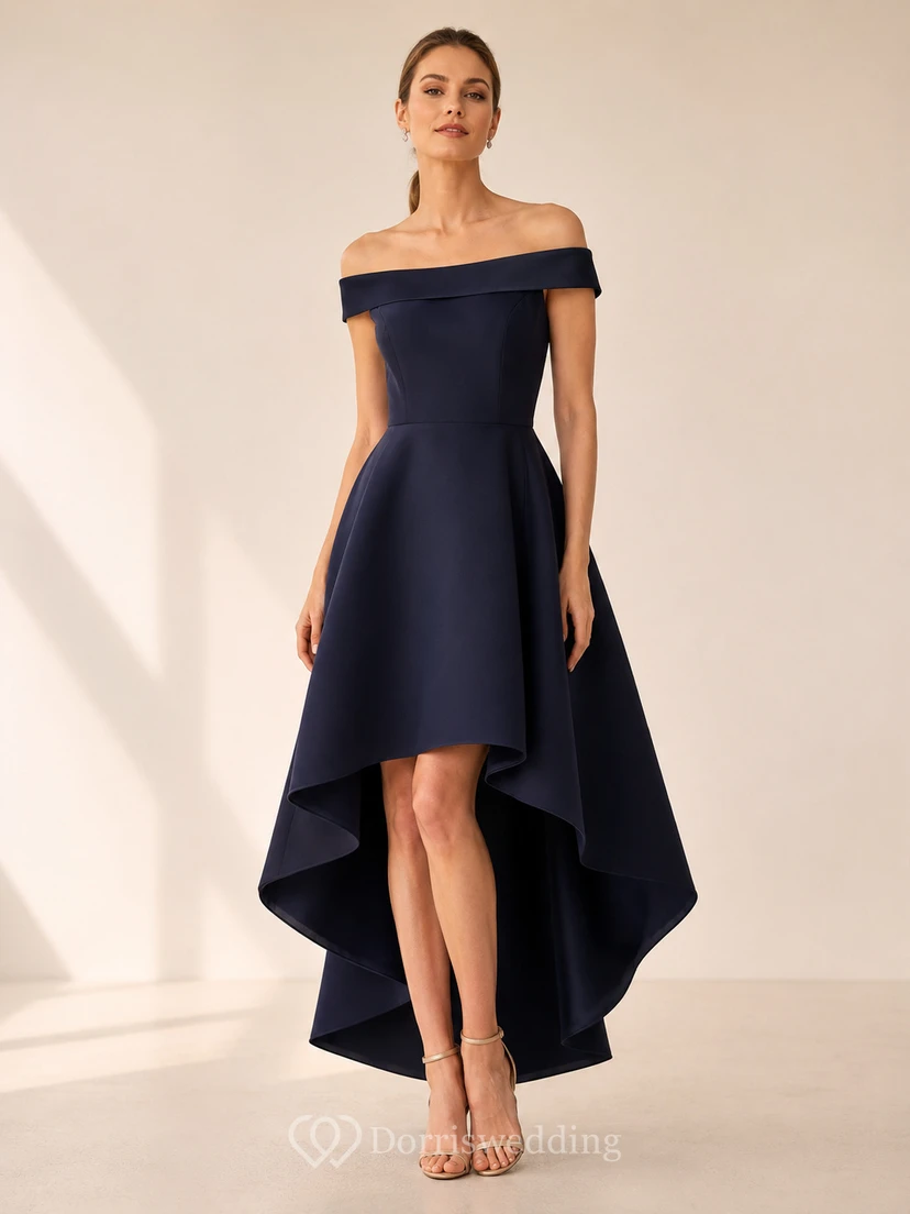 Dark Navy Off-the-shoulder High-low Cocktail Dress