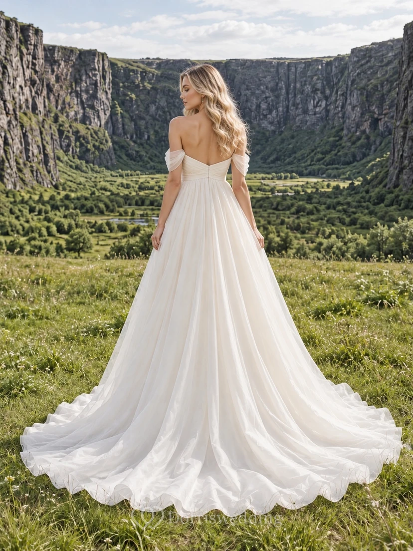 Schlichtes Empire-Brautkleid aus Organza mit schulterfreiem Ausschnitt, Herzausschnitt und kurzer Schleppe view 2