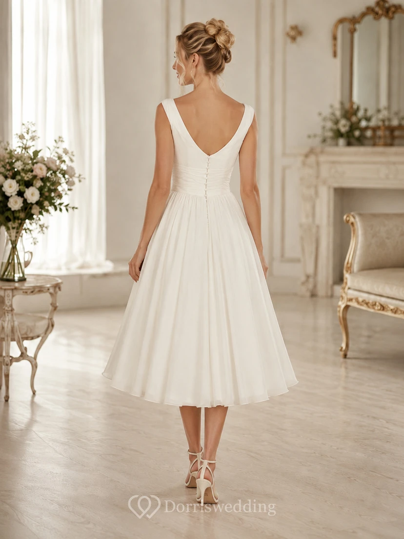 Vestido de novia corto de gasa sin mangas con escote en V, largo hasta la rodilla, fruncido y espalda baja en V. view 3