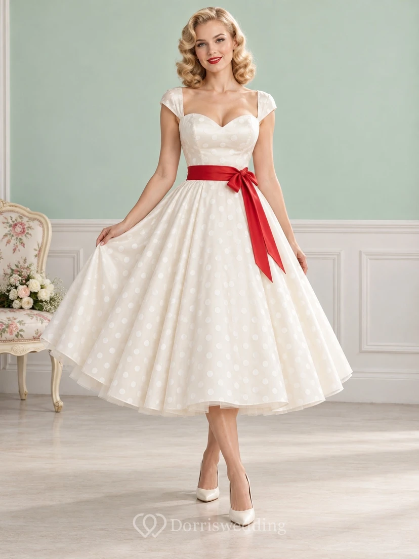 Robe trapèze rouge à pois style rockabilly vintage, avec ceinture et manches courtes.