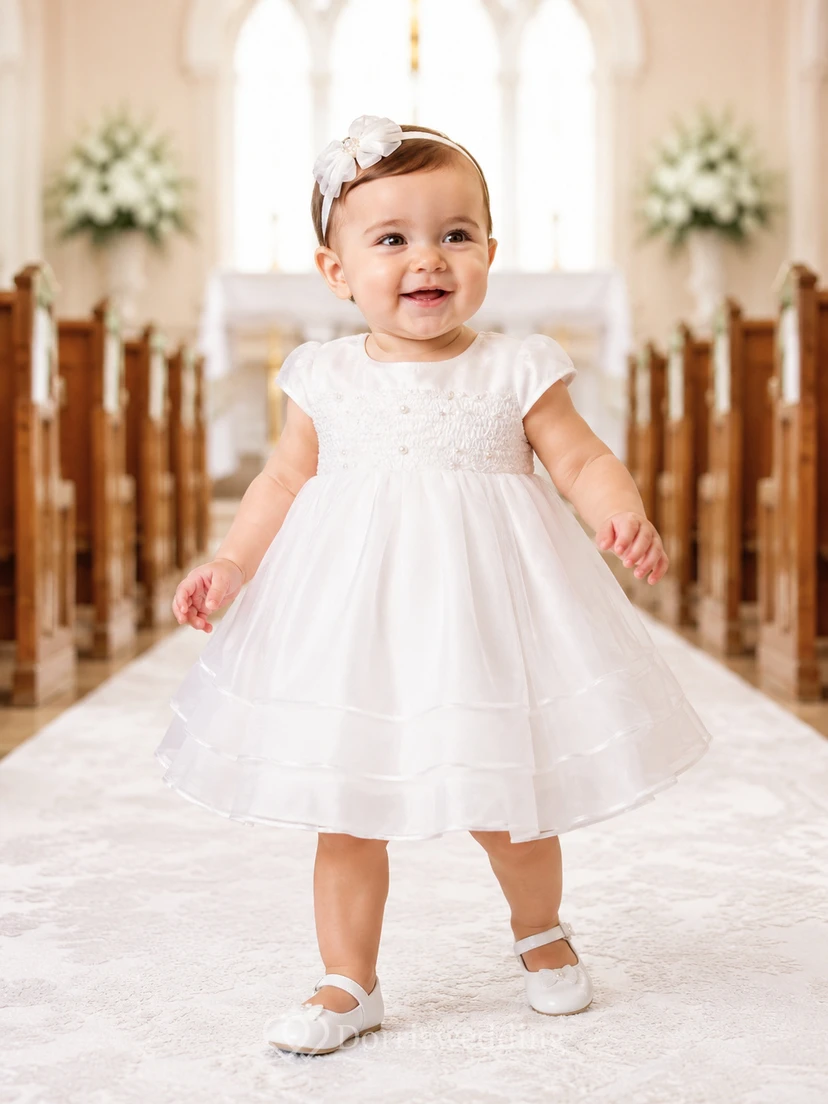 Elegant Church Ceremony Baby Christening A-Line Cap Sleeve Dress Simple Adorable Tulle Lace