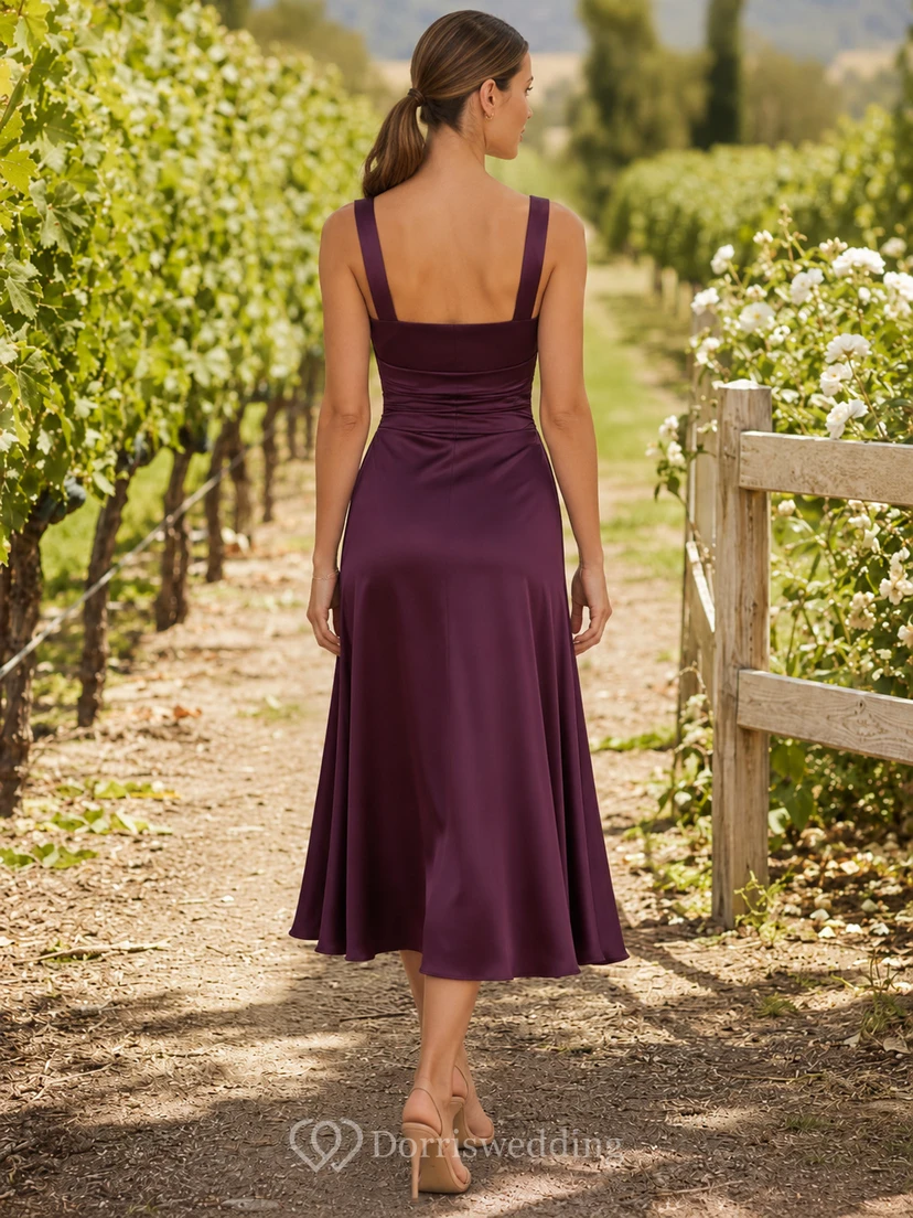 Plum square neck satin A-line vineyard guest midi dress view 2