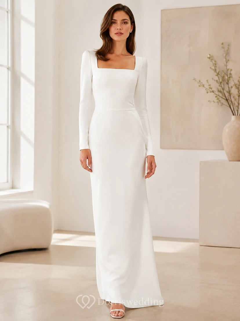 Minimal Square Neck Long Sleeve Satin Sheath Wedding Gown view 2
