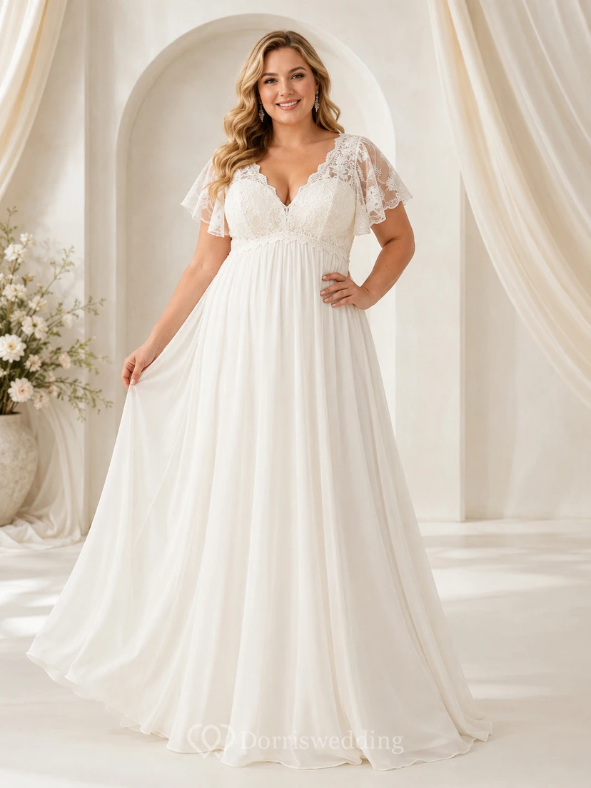 Plus Size Empire V-Neck Flutter Sleeve Wedding Dress