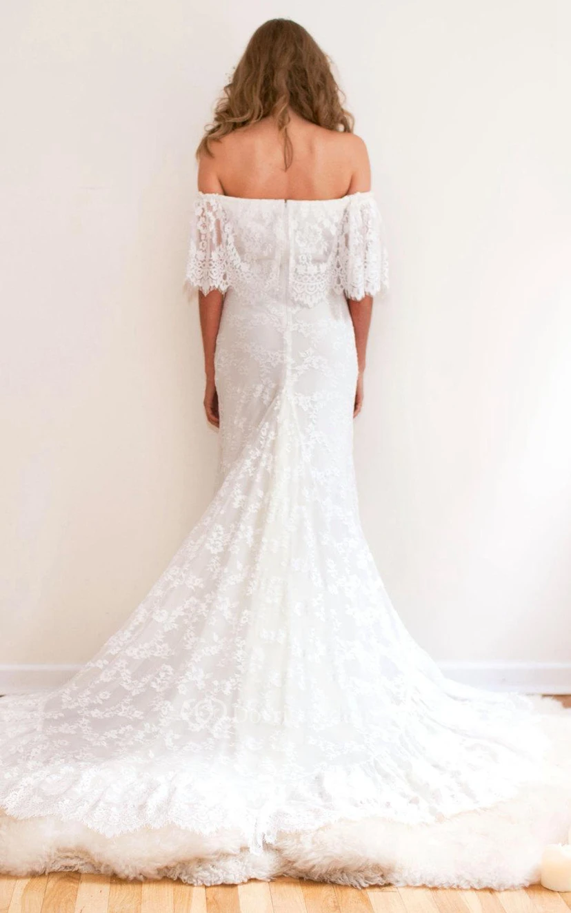 Boho Off-Shoulder Sheath Scalloped Lace Wedding Dress With Long Train view 6