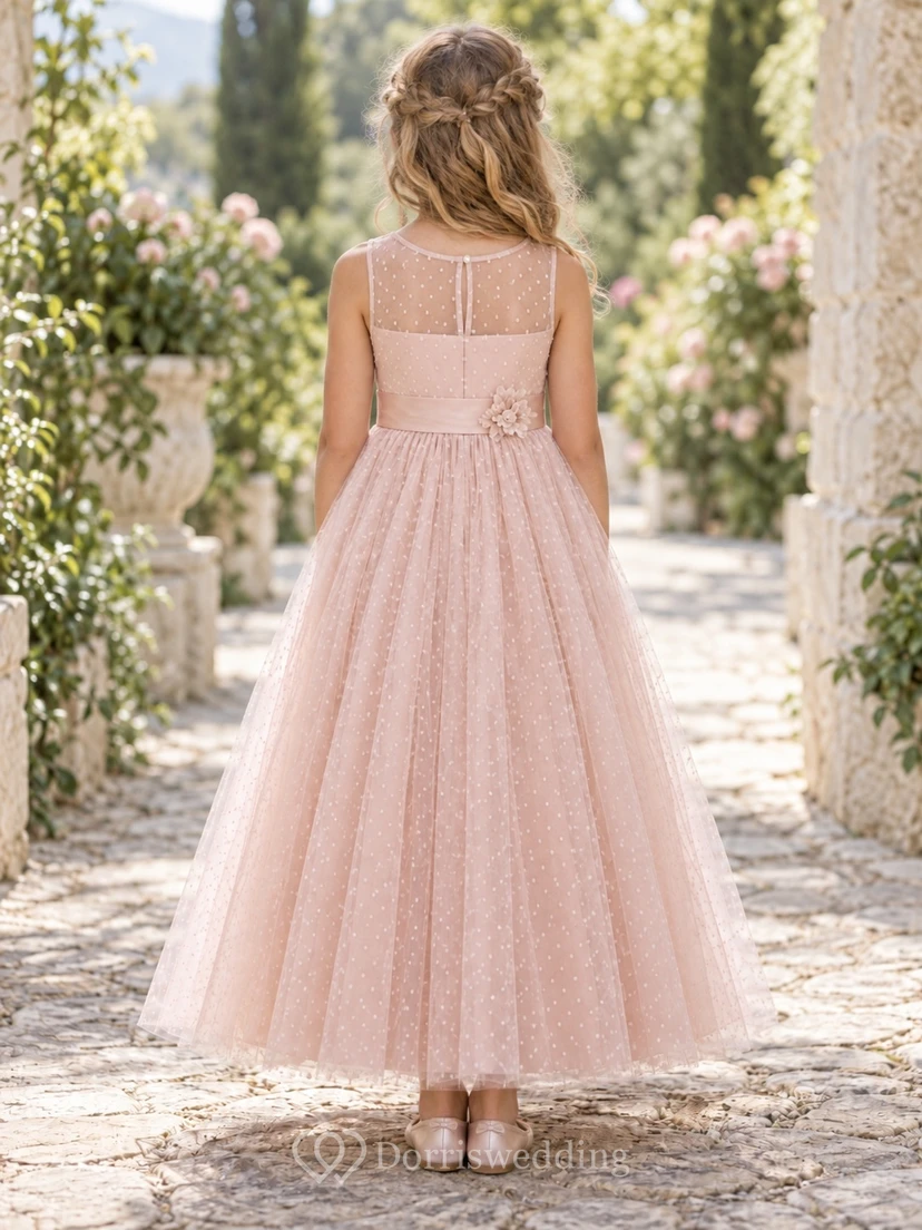 Modest Pearl Pink Ankle-length Sleeveless Illusion Floral Waist Dotted Tulle Flower Girl Dress view 2