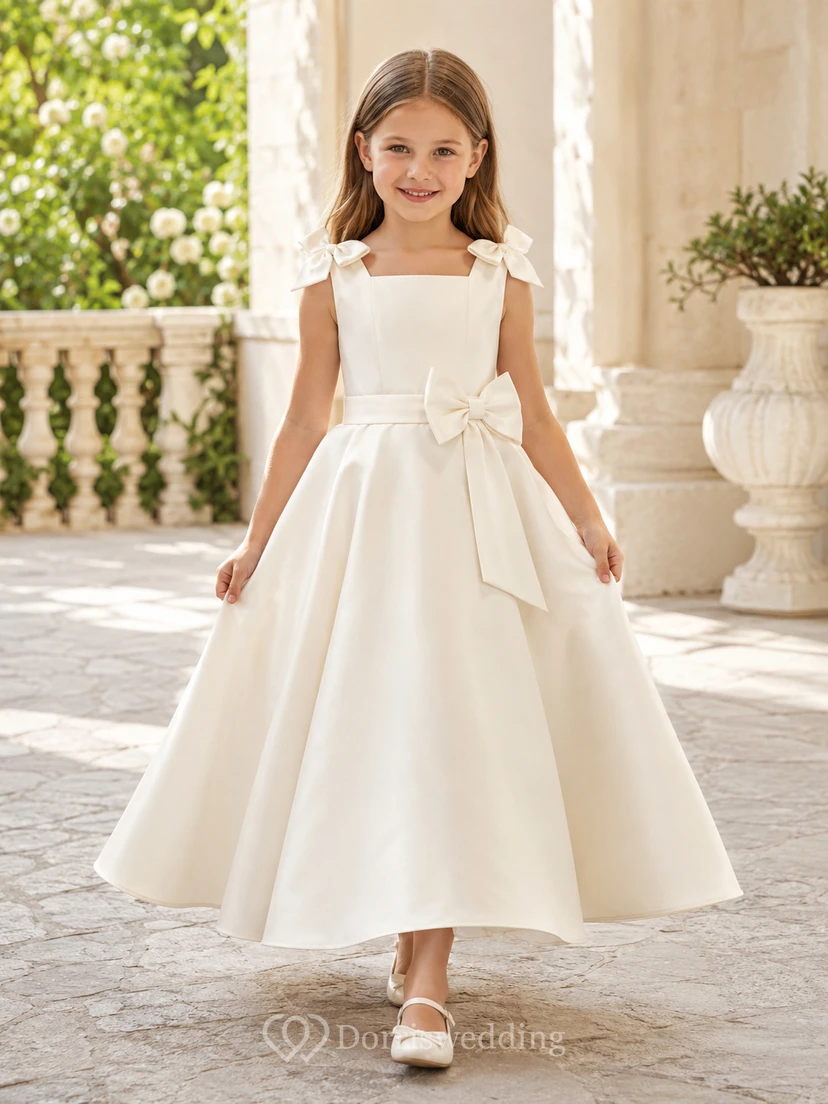 Flower Girl Dress Ivory Lace Tulle A-Line Jewel Neck Tea Length