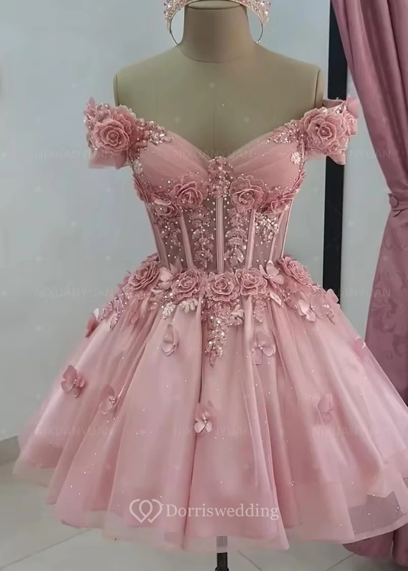 Pink Off-the-Shoulder Floral Mini Dress view 3