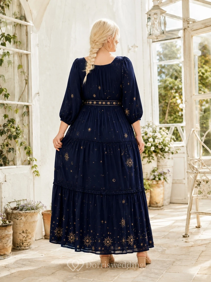 Dark Navy V-Neck Long-Sleeve Lace-Chiffon Tiered A-Line Floor-Length Boho Dress view 2