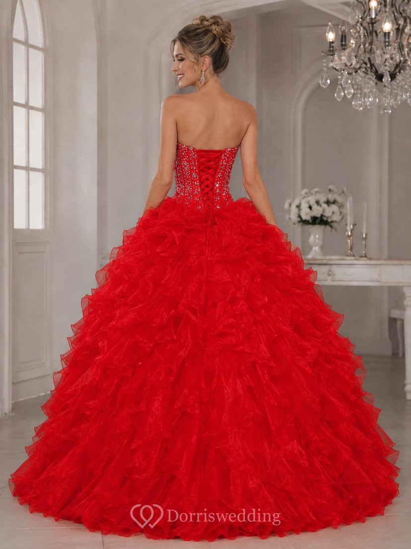 Ball Gown Floor-Length Bell Beading Ruffles Corset Back Lace Organza Dress view 2
