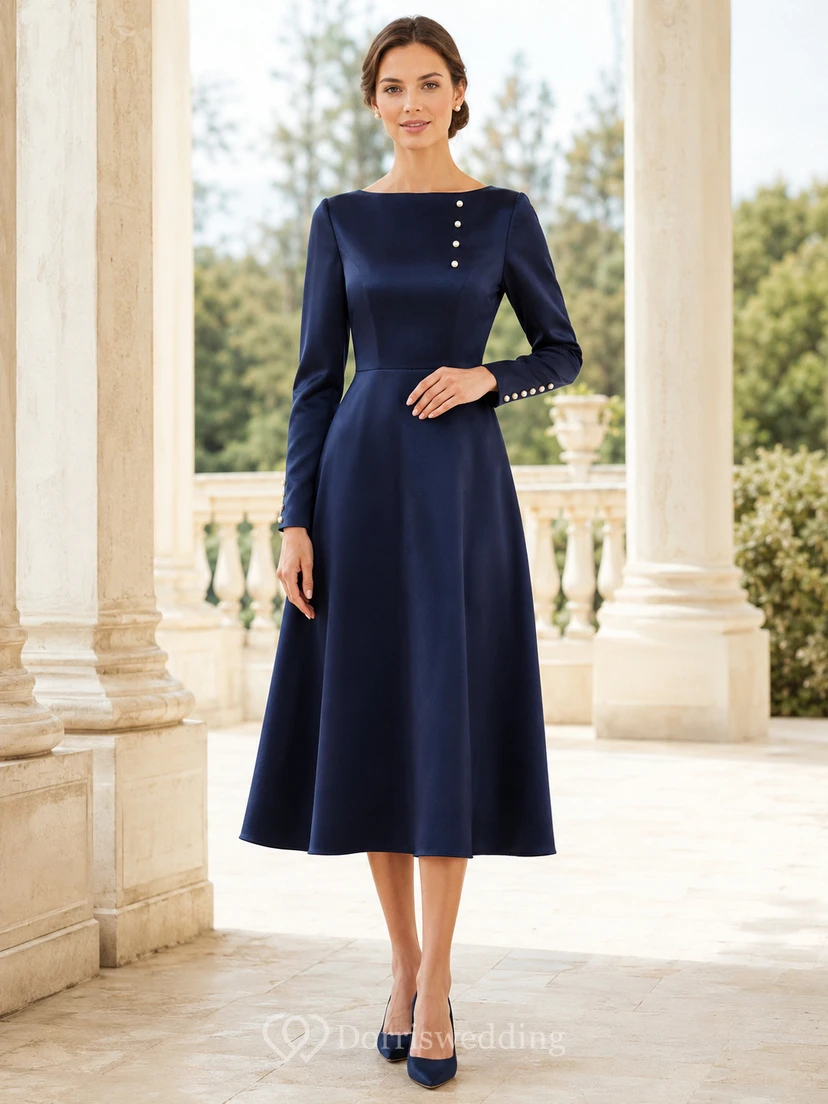Dark Navy Bateau Long Sleeve Pearl Button Satin A Line Tea Guest Dress