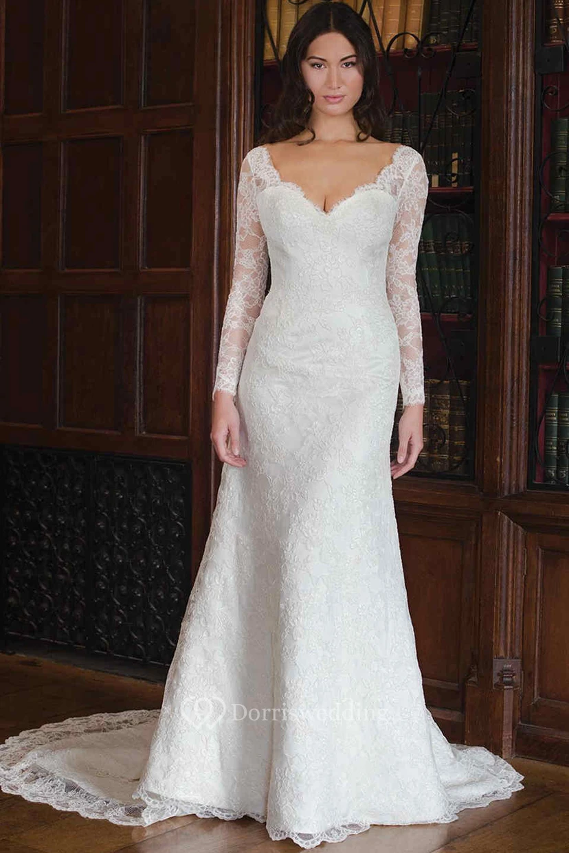 Sheath Maxi V-Neck Long-Sleeve Lace Wedding Dress With Deep-V Back
