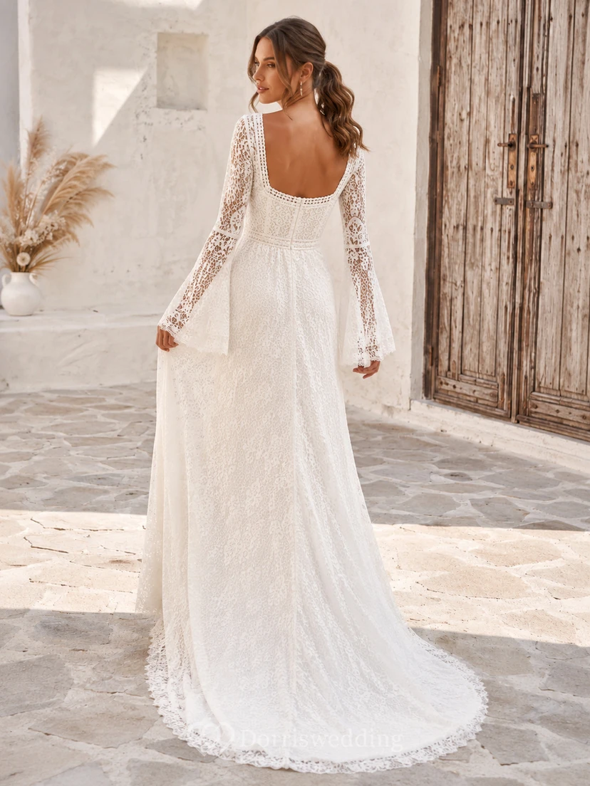 Boho Square Neck Long Bell Sleeve Geometric Crochet Lace Sheath Wedding Dress view 2