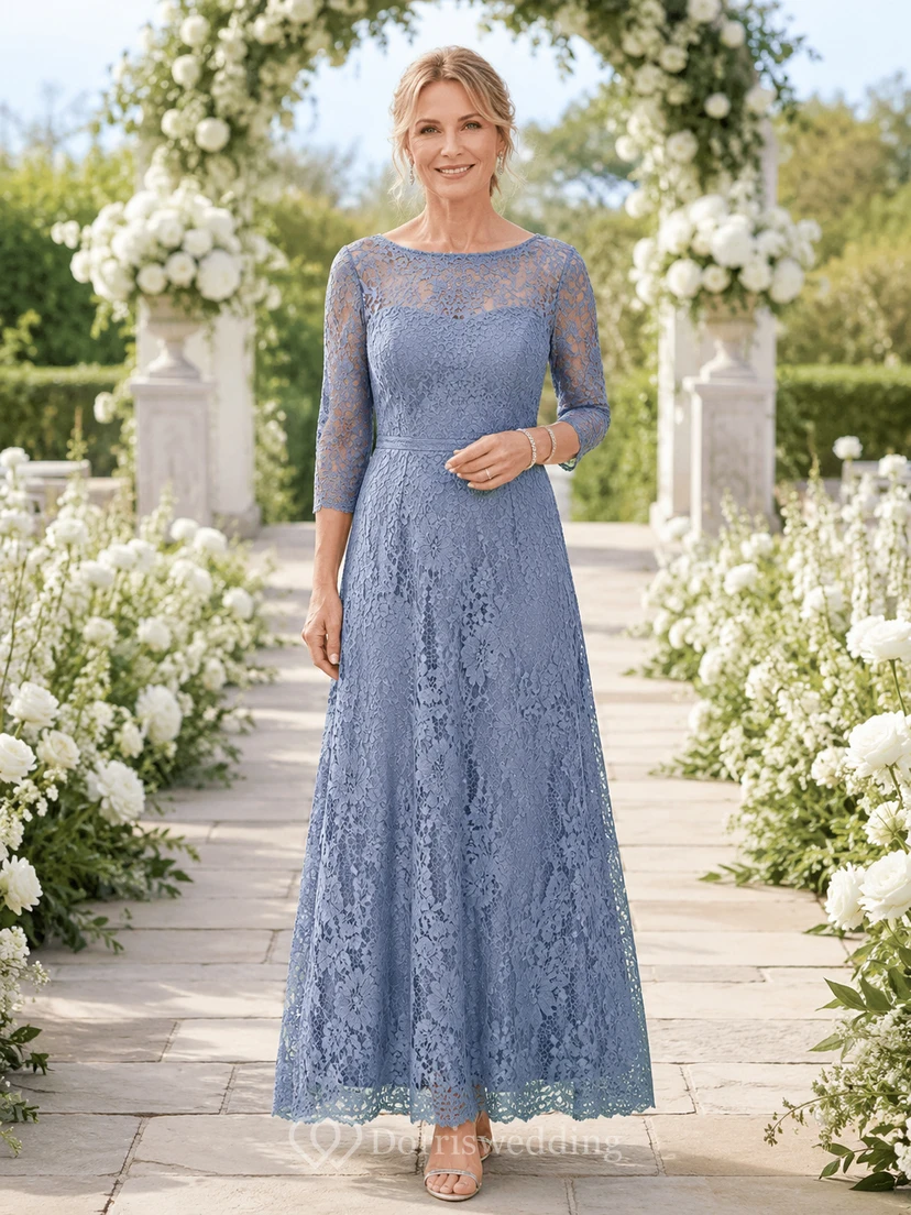 Dusty blue lace illusion sleeve A line mother gown