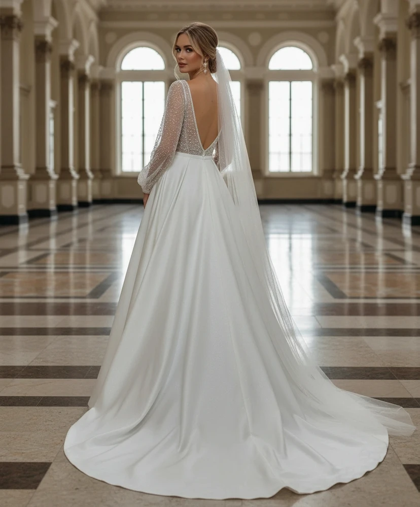 Elegant V-Neck Puff Sleeve Beaded Ball Gown Wedding Dress view 2