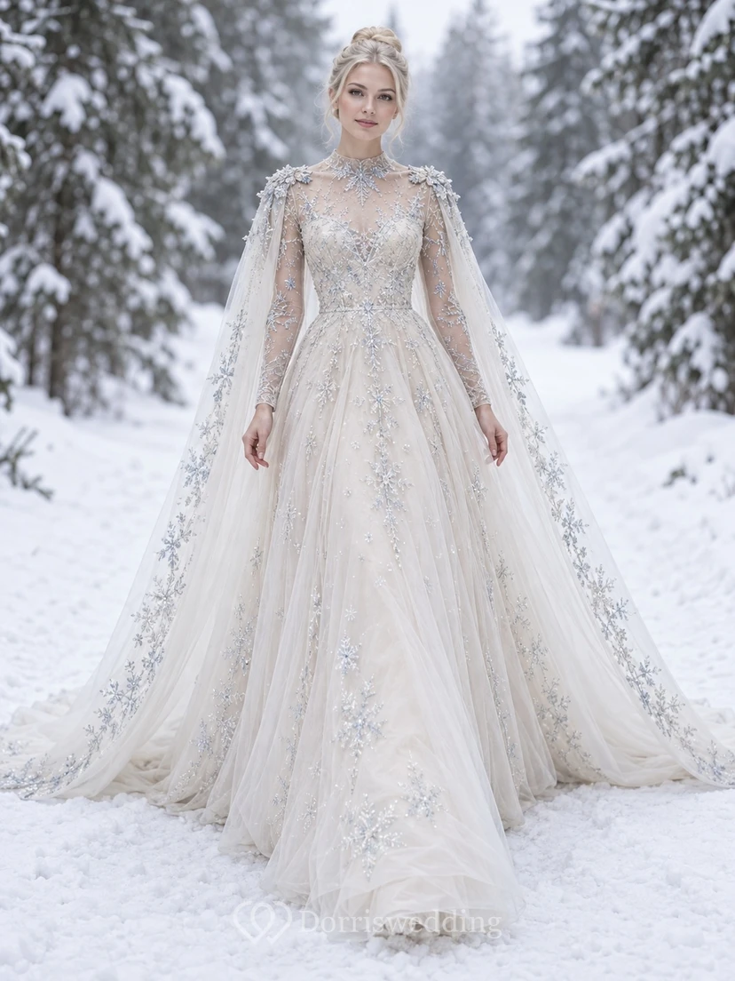 Vestido de novia de corte A con cuello alto, manga larga, color azul invierno y capa bordada con copos de nieve