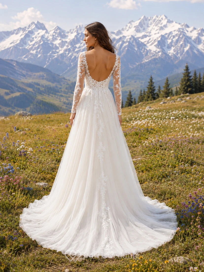 Brautkleid im Landhausstil mit Spitze, A-Linie, herzförmigem Schnitt, langen Ärmeln, Schleppe und tiefem V-Ausschnitt am Rücken view 2