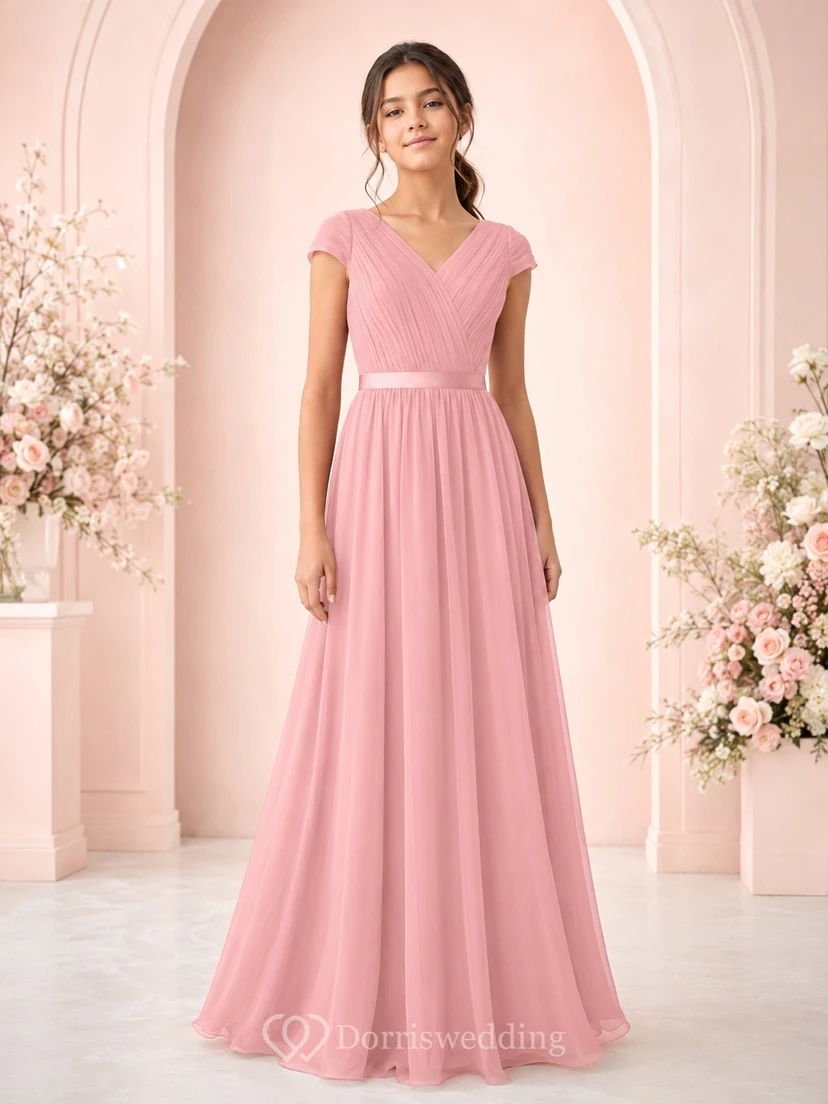Elegantes, zartrosa Chiffon-Brautjungfernkleid mit kurzen Ärmeln, V-Ausschnitt, A-Linie und bodenlang